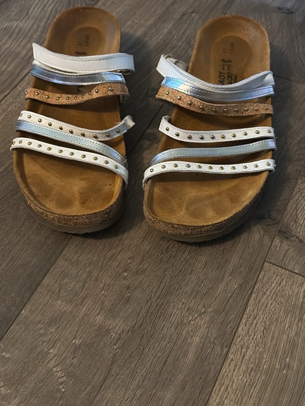 NAOT Comfort Slip-On Sandals with White and Tan Straps